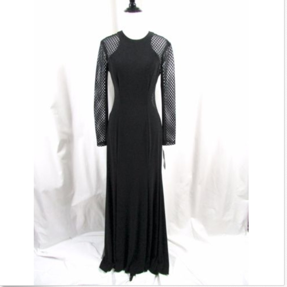 Xscape Black Mesh Cutout Long Sleeve Gown